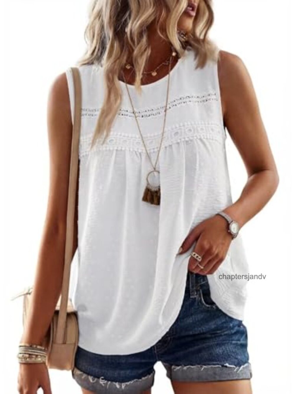 Women's Sleeveless Swiss Dots Tank Top Boho Crochet Lace Blouse